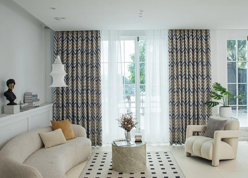 Țesătură de perdea de lenjerie de mei cu imprimeu cu model de undă